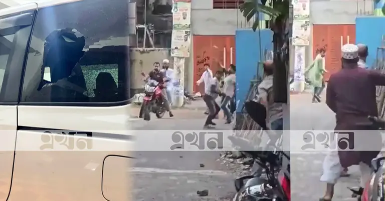 ক্ষতিগ্রস্ত গাড়ি ও দুই পক্ষের ইট-পাটকেল নিক্ষেপ